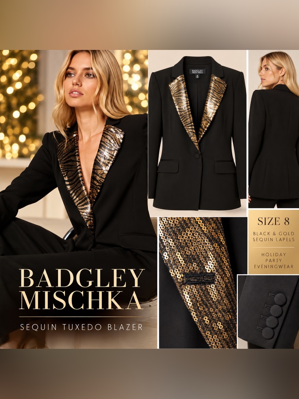 Badgley Mischka Black Gold Sequin Tuxedo Blazer Jacket Size 8